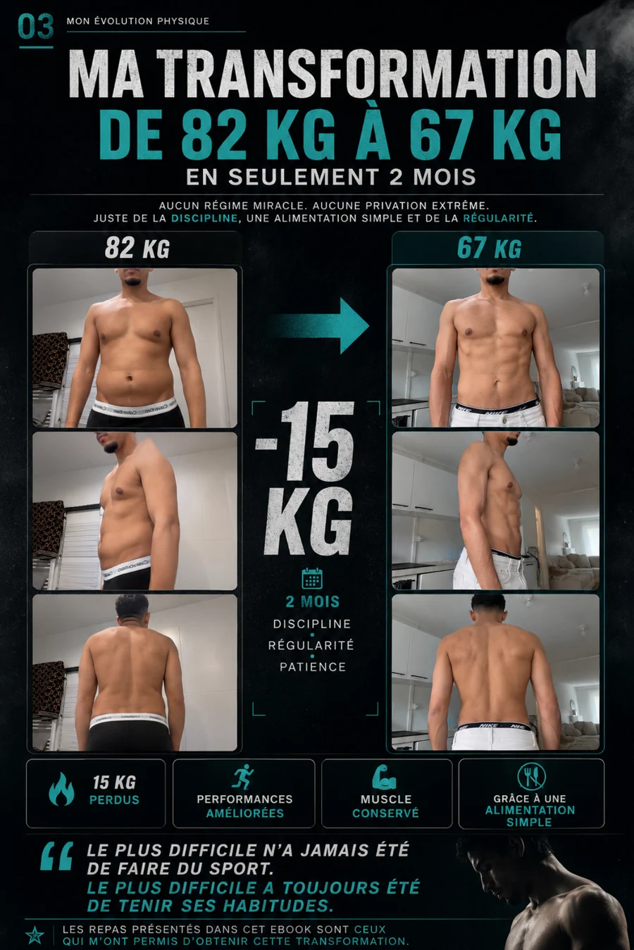 Page de l'ebook montrant la transformation personnelle de 82 kg à 67 kg